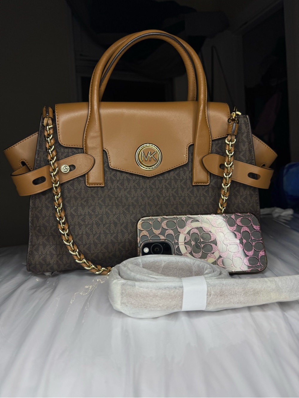 Michael Kors Brown & Tan MK Signature Chain-Trim Satchel